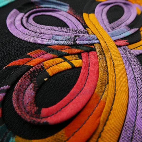 Vintage 3pc Black Abstract Pant Suit Blazer Blouse Trousers Basque Waist USA 10 - Picture 12 of 16